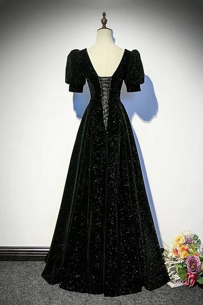 Black Glitter Velvet A-Line Sweetheart Lace-Up Back Floor-Length Dress Back View - Aabei Dress