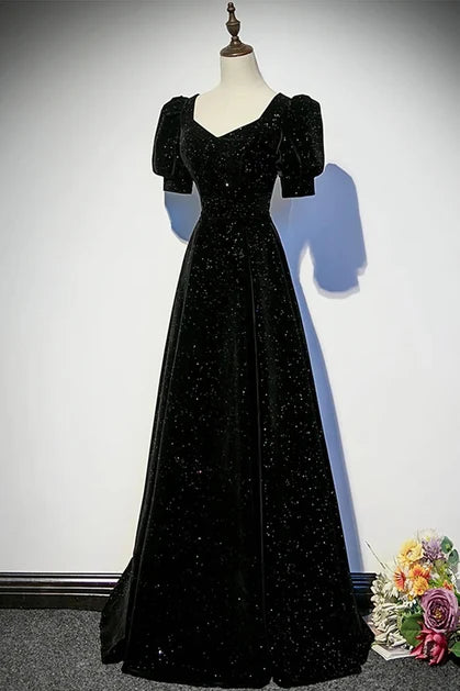 Black Glitter Velvet A-Line Sweetheart Lace-Up Back Floor-Length Dress Front View - Aabei Dress