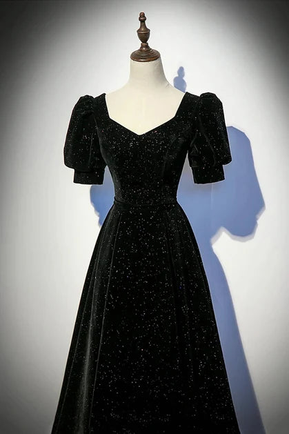 Black Glitter Velvet A-Line Sweetheart Lace-Up Back Floor-Length Dress - Aabei Dress