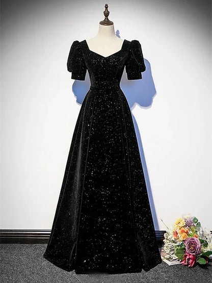 Black Glitter Velvet A-Line Sweetheart Lace-Up Back Floor-Length Dress - Aabei Dress