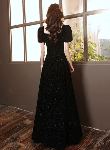 Black Glitter Velvet A-Line Sweetheart Zipper-Back Floor-Length Dress Back View - Aabei Dress