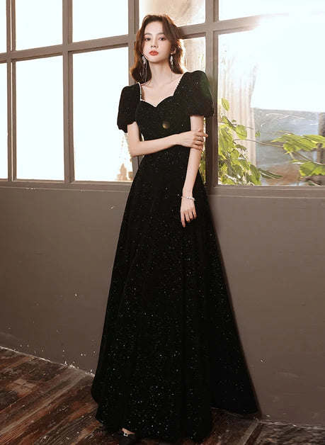 Black Glitter Velvet A-Line Sweetheart Zipper-Back Floor-Length Dress Front View - Aabei Dress