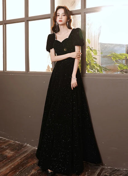 Black Glitter Velvet A-Line Sweetheart Zipper-Back Floor-Length Dress Front View - Aabei Dress