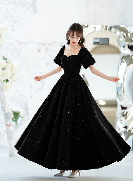 Black Glitter Velvet A-Line Sweetheart Zipper Back Floor-Length Dress - Aabei Dress