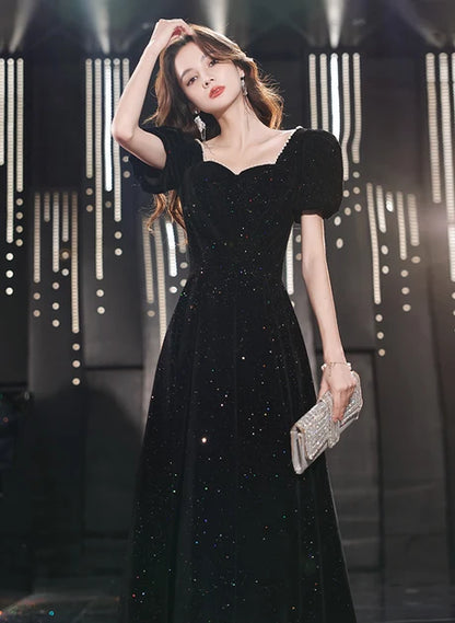 Black Glitter Velvet A-Line Sweetheart Zipper-Back Floor-Length Dress - Aabei Dress