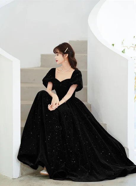 Black Glitter Velvet A-Line Sweetheart Zipper Back Floor-Length Dress - Aabei Dress