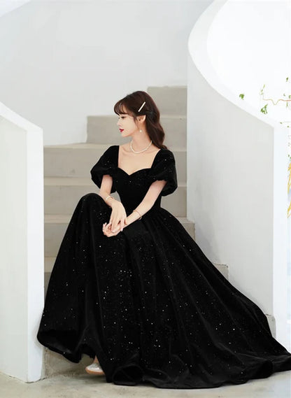 Black Glitter Velvet A-Line Sweetheart Zipper Back Floor-Length Dress - Aabei Dress