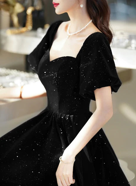 Black Glitter Velvet A-Line Sweetheart Zipper Back Floor-Length Dress - Aabei Dress