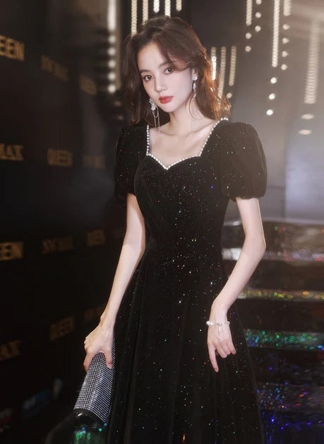Black Glitter Velvet A-Line Sweetheart Zipper-Back Floor-Length Dress - Aabei Dress