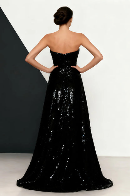 Black & Ivory Sequin & Satin Sheath Column Sweetheart Floor Length Dress Back View - Aabei Dress