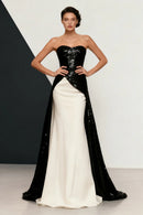 Black & Ivory Sequin & Satin Sheath Column Sweetheart Floor Length Dress Front View - Aabei Dress