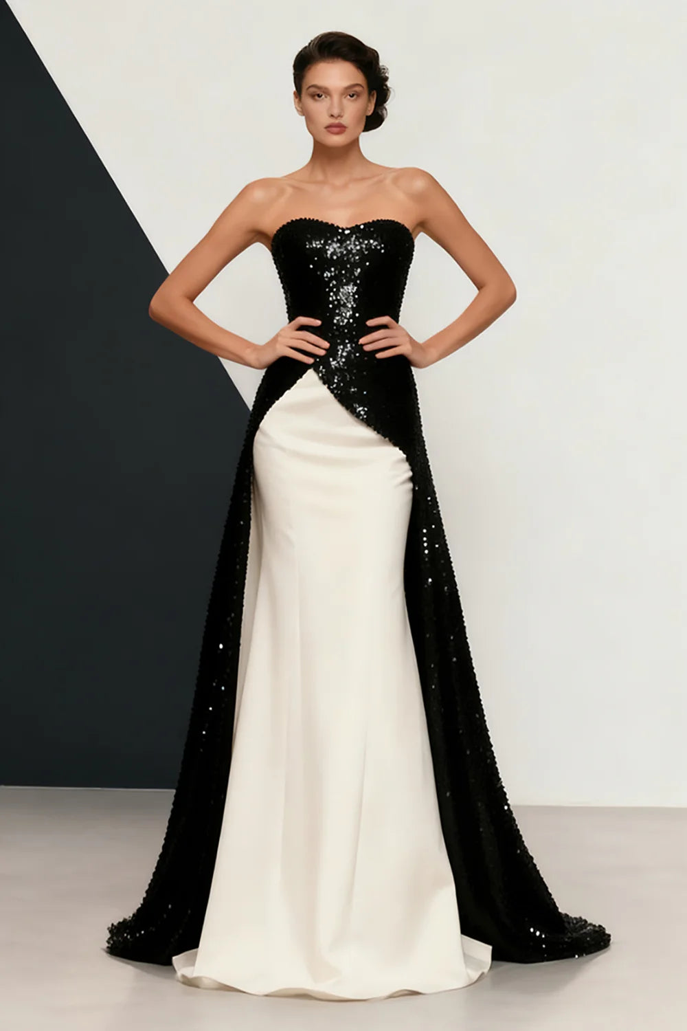 Black & Ivory Sequin & Satin Sheath Column Sweetheart Floor Length Dress Front View - Aabei Dress
