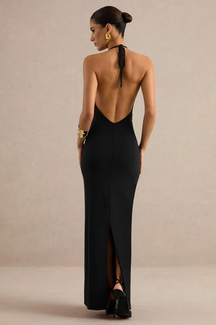 Black Jersey Sheath Column Halter Open Back Floor Length Dress Back View - Aabei Dress