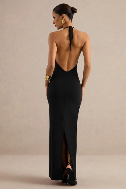 Black Jersey Sheath Column Halter Open Back Floor Length Dress Back View - Aabei Dress