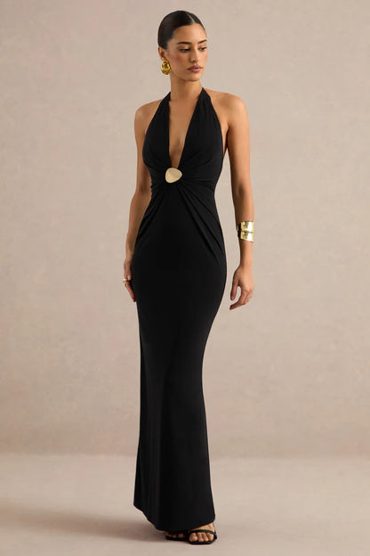 Black Jersey Sheath Column Halter Open Back Floor Length Dress Front View - Aabei Dress
