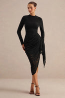 Black Lace bodycon high-neck zipper-back midi Dress Front View - Aabei Dress