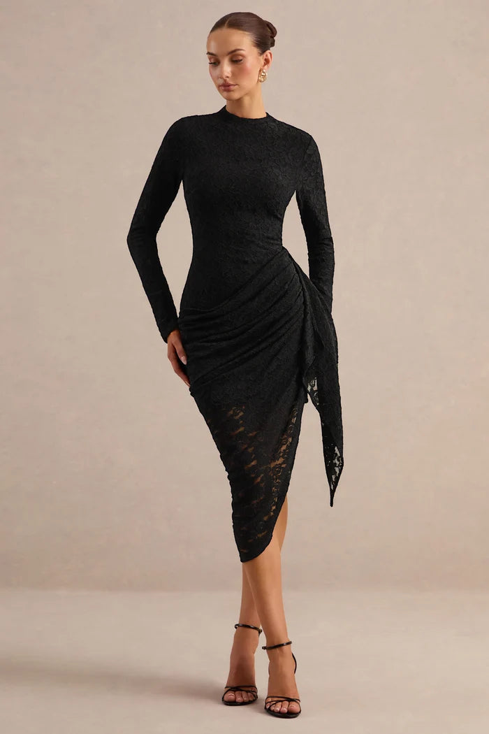 Black Lace bodycon high-neck zipper-back midi Dress Front View - Aabei Dress