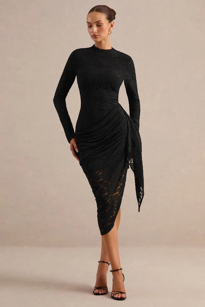 Black Lace bodycon high-neck zipper-back midi Dress Front View - Aabei Dress
