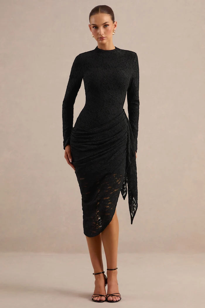 Black Lace bodycon high-neck zipper-back midi Dress - Aabei Dress