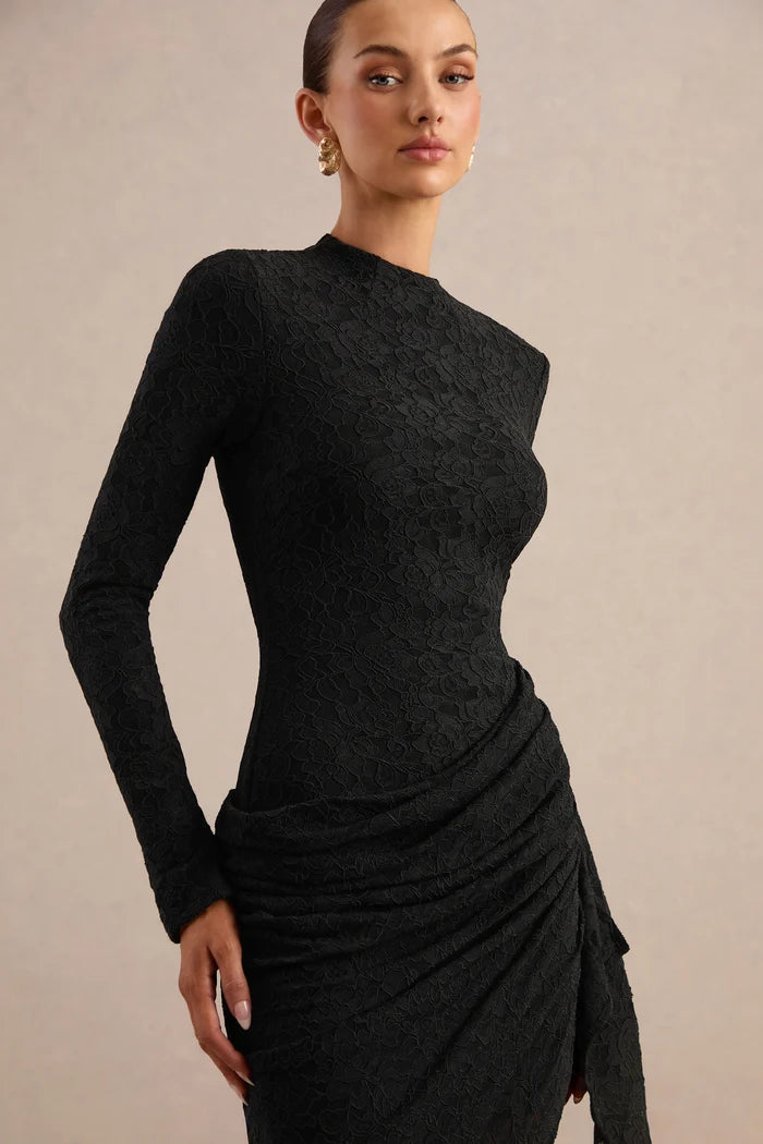 Black Lace bodycon high-neck zipper-back midi Dress - Aabei Dress