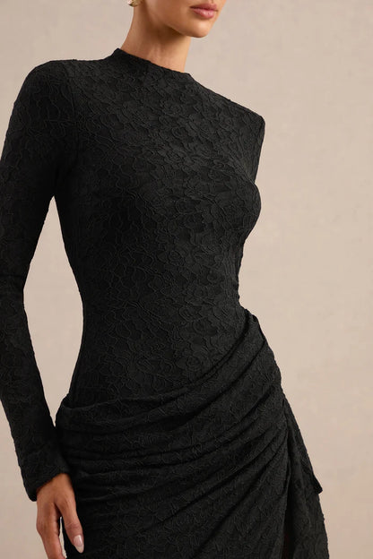 Black Lace bodycon high-neck zipper-back midi Dress - Aabei Dress