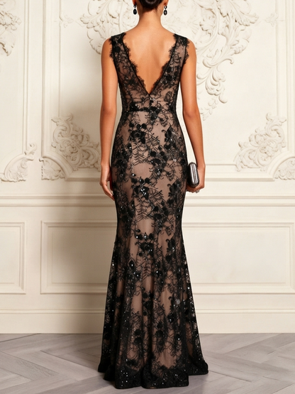 Black Lace Trumpet V-Neck V-Back Floor-Length Dress Back View - Aabei Dress
