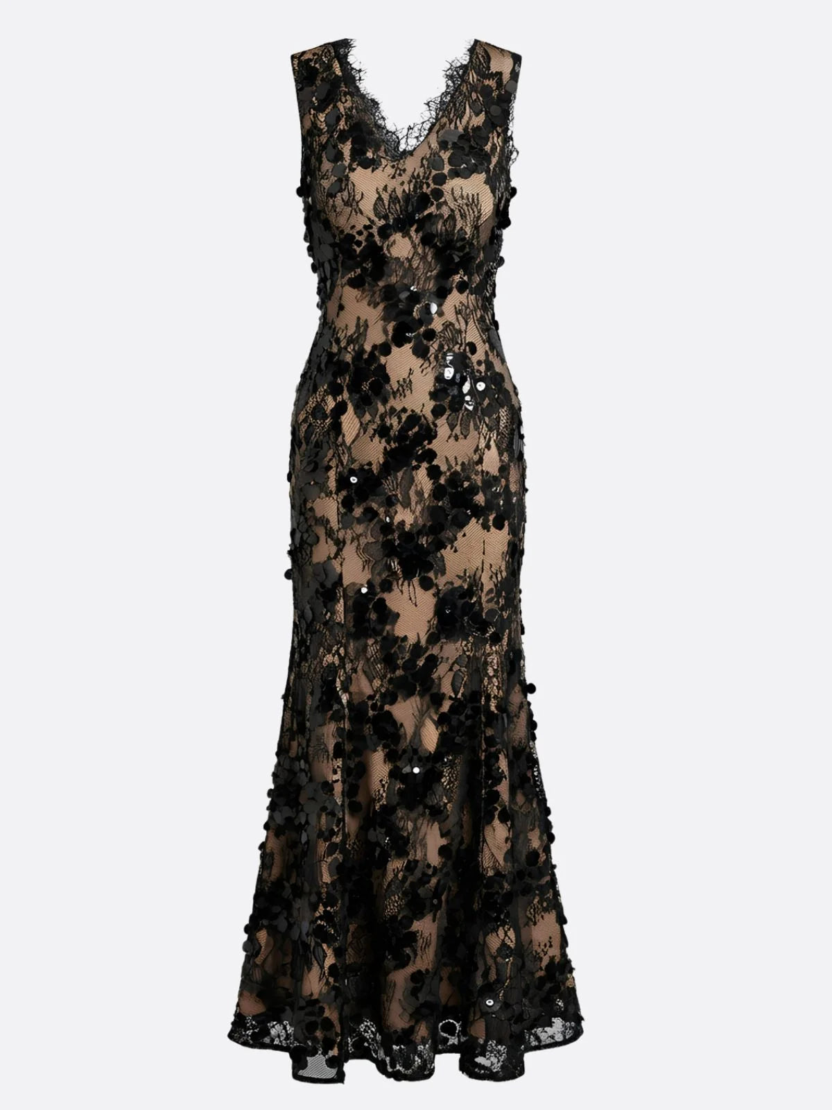 Black Lace Trumpet V-Neck V-Back Floor-Length Dress - Aabei Dress