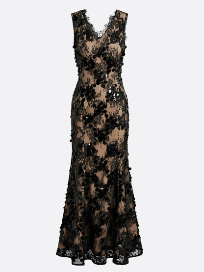 Black Lace Trumpet V-Neck V-Back Floor-Length Dress - Aabei Dress