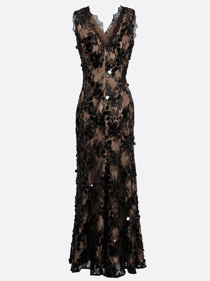 Black Lace Trumpet V-Neck V-Back Floor-Length Dress - Aabei Dress
