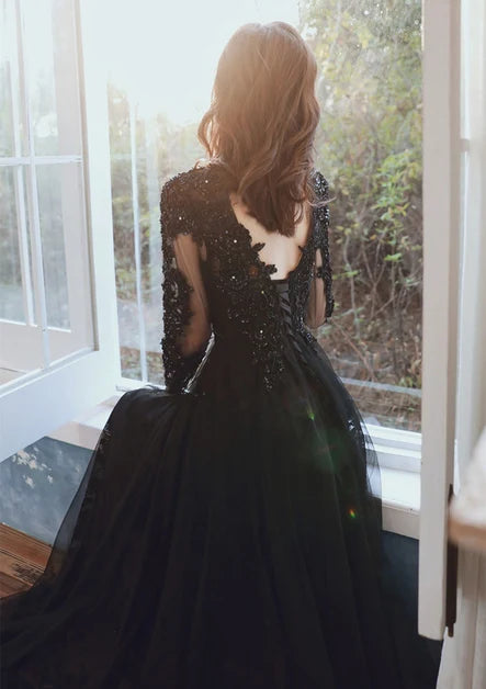 Black Lace & Tulle A-Line V-Neck Lace-Up Floor-Length Dress Back View - Aabei Dress