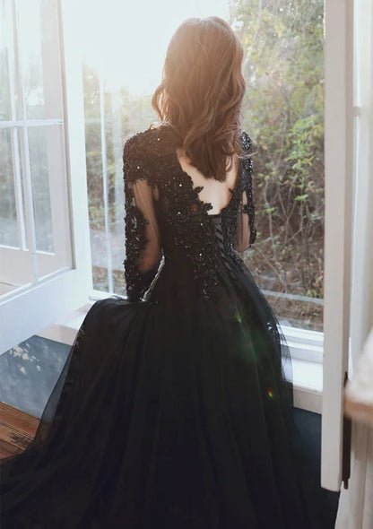 Black Lace & Tulle A-Line V-Neck Lace-Up Floor-Length Dress Back View - Aabei Dress
