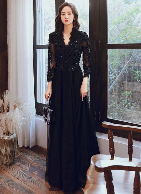 Black Lace & Tulle A-Line V-Neck Lace-Up Floor-Length Dress Front View - Aabei Dress