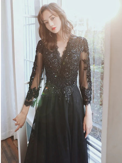 Black Lace & Tulle A-Line V-Neck Lace-Up Floor-Length Dress - Aabei Dress