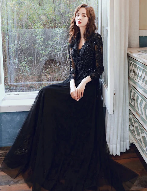 Black Lace & Tulle A-Line V-Neck Lace-Up Floor-Length Dress - Aabei Dress