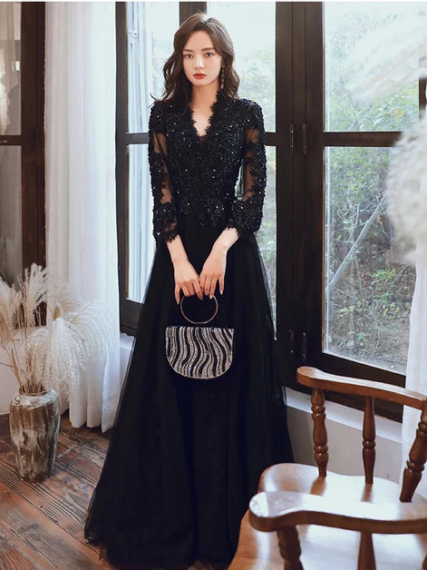 Black Lace & Tulle A-Line V-Neck Lace-Up Floor-Length Dress - Aabei Dress