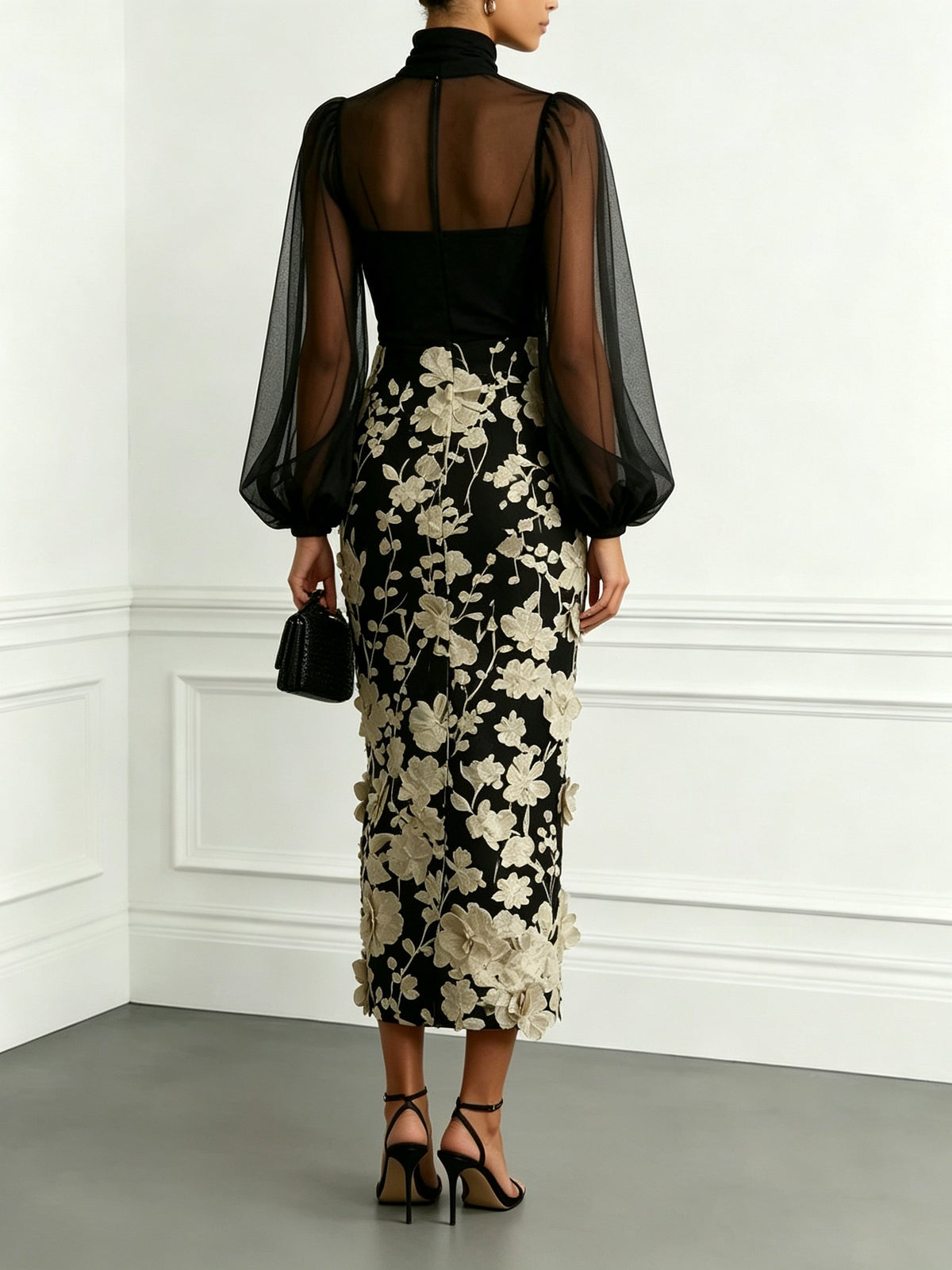 Black Mesh sheath-column high-neck zipper-back ankle-length Dress Back View - Aabei Dress