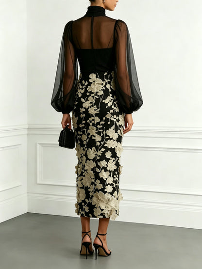 Black Mesh sheath-column high-neck zipper-back ankle-length Dress Back View - Aabei Dress
