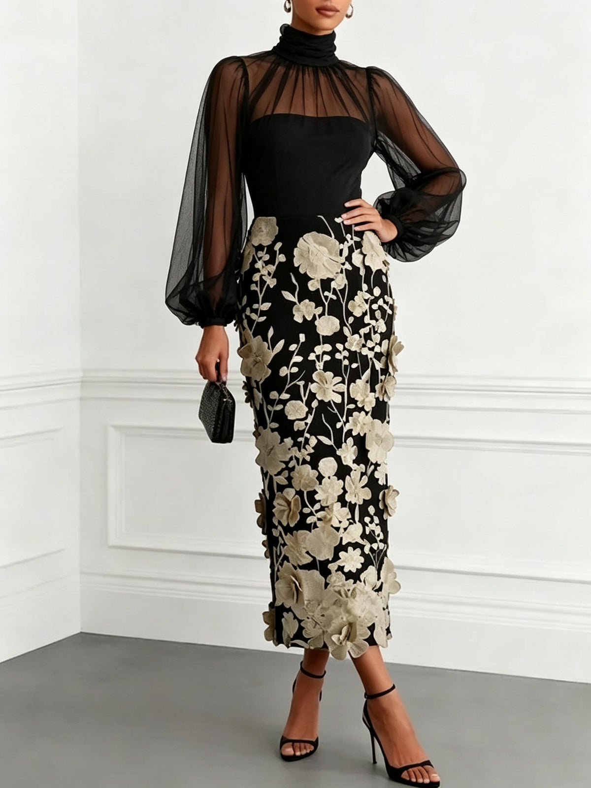 Black Mesh sheath-column high-neck zipper-back ankle-length Dress Front View - Aabei Dress