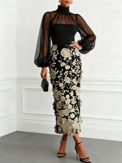 Black Mesh sheath-column high-neck zipper-back ankle-length Dress Front View - Aabei Dress