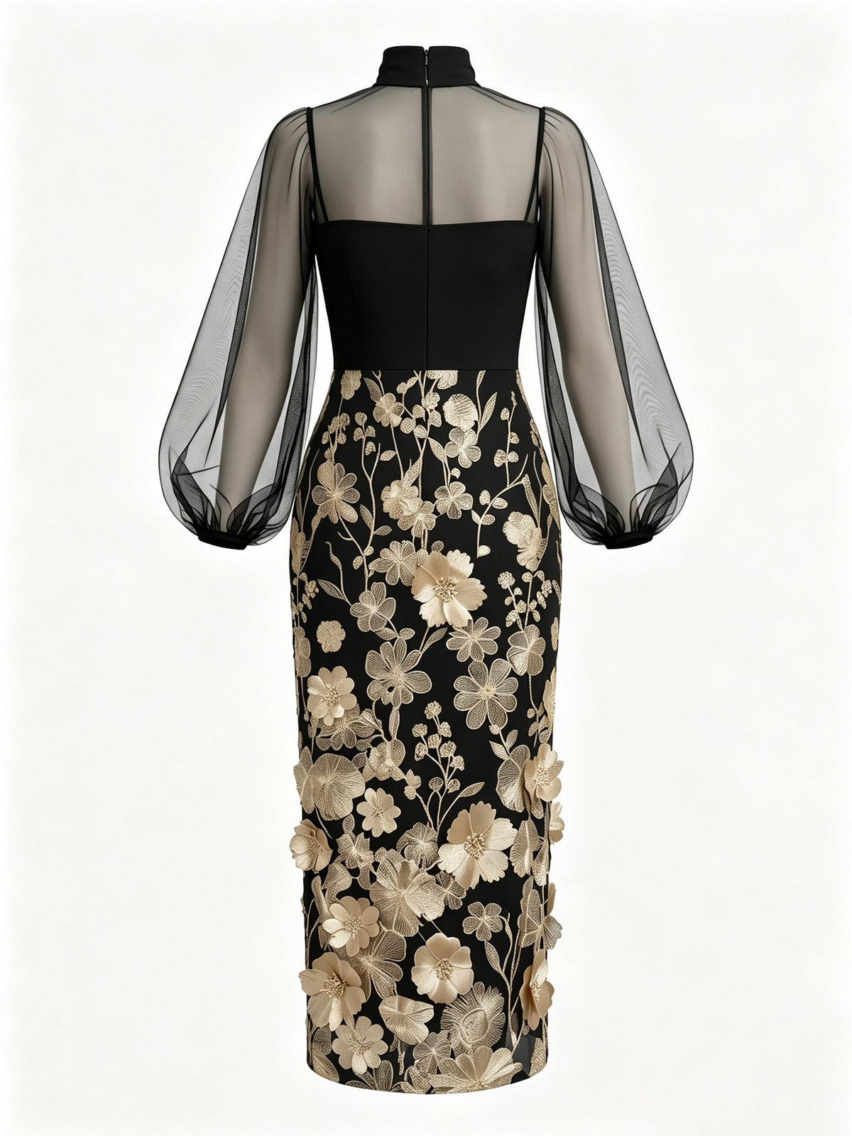 Black Mesh sheath-column high-neck zipper-back ankle-length Dress - Aabei Dress