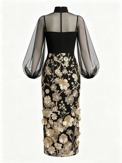 Black Mesh sheath-column high-neck zipper-back ankle-length Dress - Aabei Dress