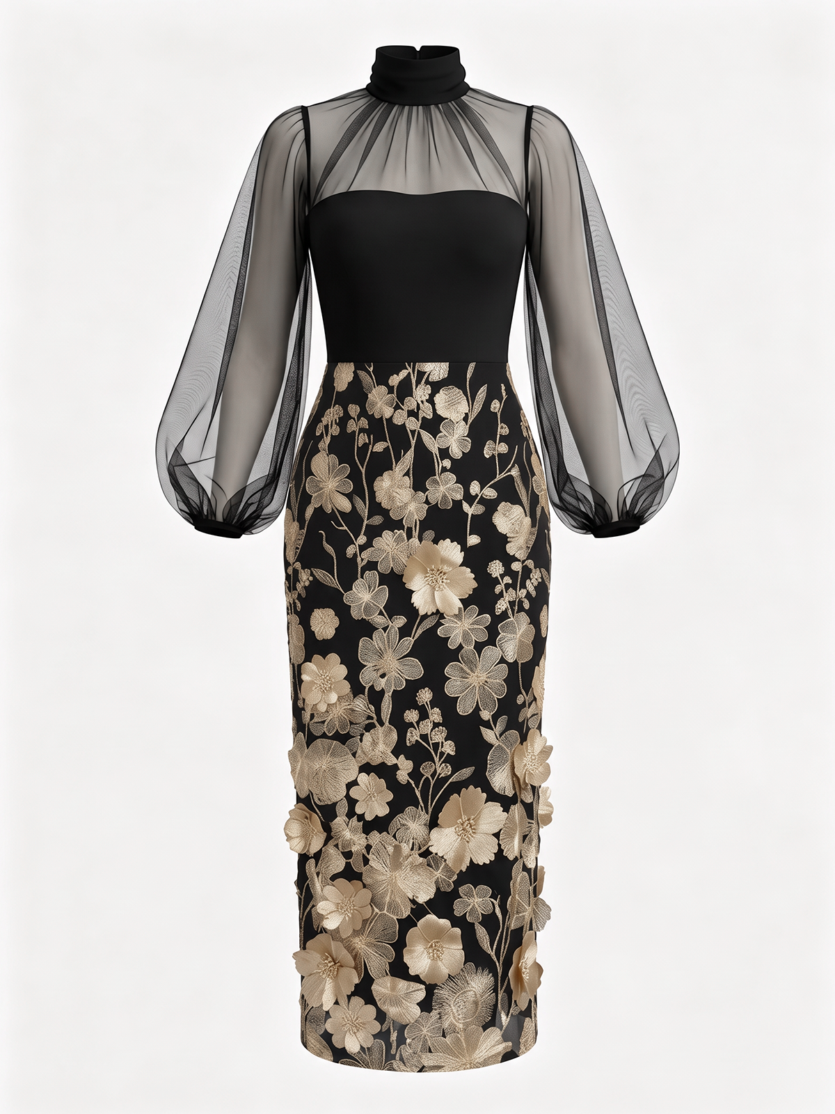 Black Mesh sheath-column high-neck zipper-back ankle-length Dress - Aabei Dress