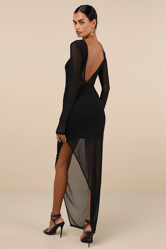 Black Mesh & Stretch Knit Bodycon High Neck Open Back Floor Length Dress Back View - Aabei Dress