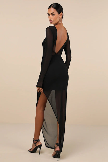 Black Mesh & Stretch Knit Bodycon High Neck Open Back Floor Length Dress Back View - Aabei Dress