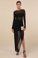 Black Mesh & Stretch Knit Bodycon High Neck Open Back Floor Length Dress Front View - Aabei Dress