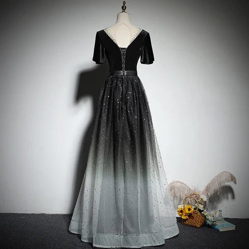 Black Ombre Velvet & Glitter Tulle A-Line V-Neck V-Back Floor-Length Dress Back View - Aabei Dress