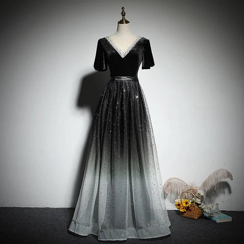 Black Ombre Velvet & Glitter Tulle A-Line V-Neck V-Back Floor-Length Dress Front View - Aabei Dress
