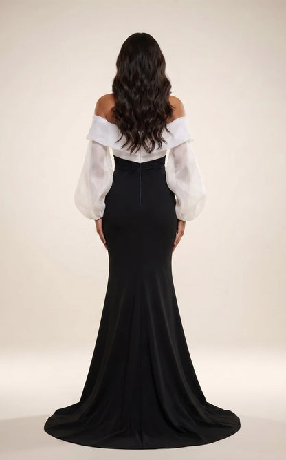 Black Organza & Crepe sheath-column off-the-shoulder floor-length Dress Back View - Aabei Dress