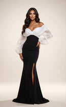 Black Organza & Crepe sheath-column off-the-shoulder floor-length Dress Front View - Aabei Dress