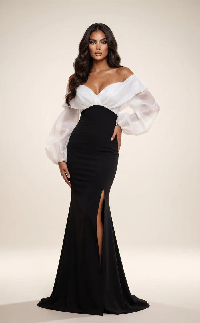Black Organza & Crepe sheath-column off-the-shoulder floor-length Dress Front View - Aabei Dress